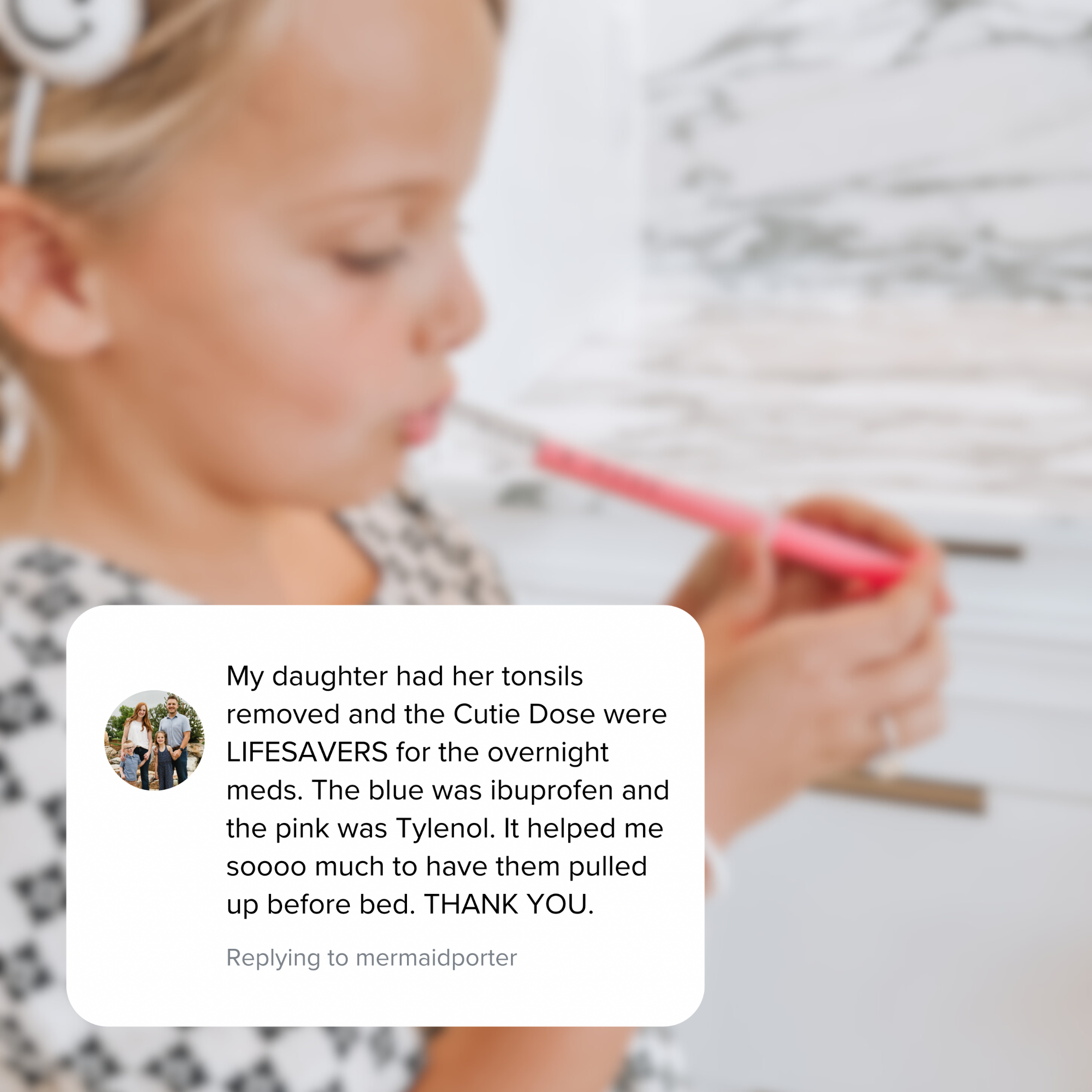 Child holding a syringe with a comment overlay about using Cutie Dose for tonsil surgery recovery.