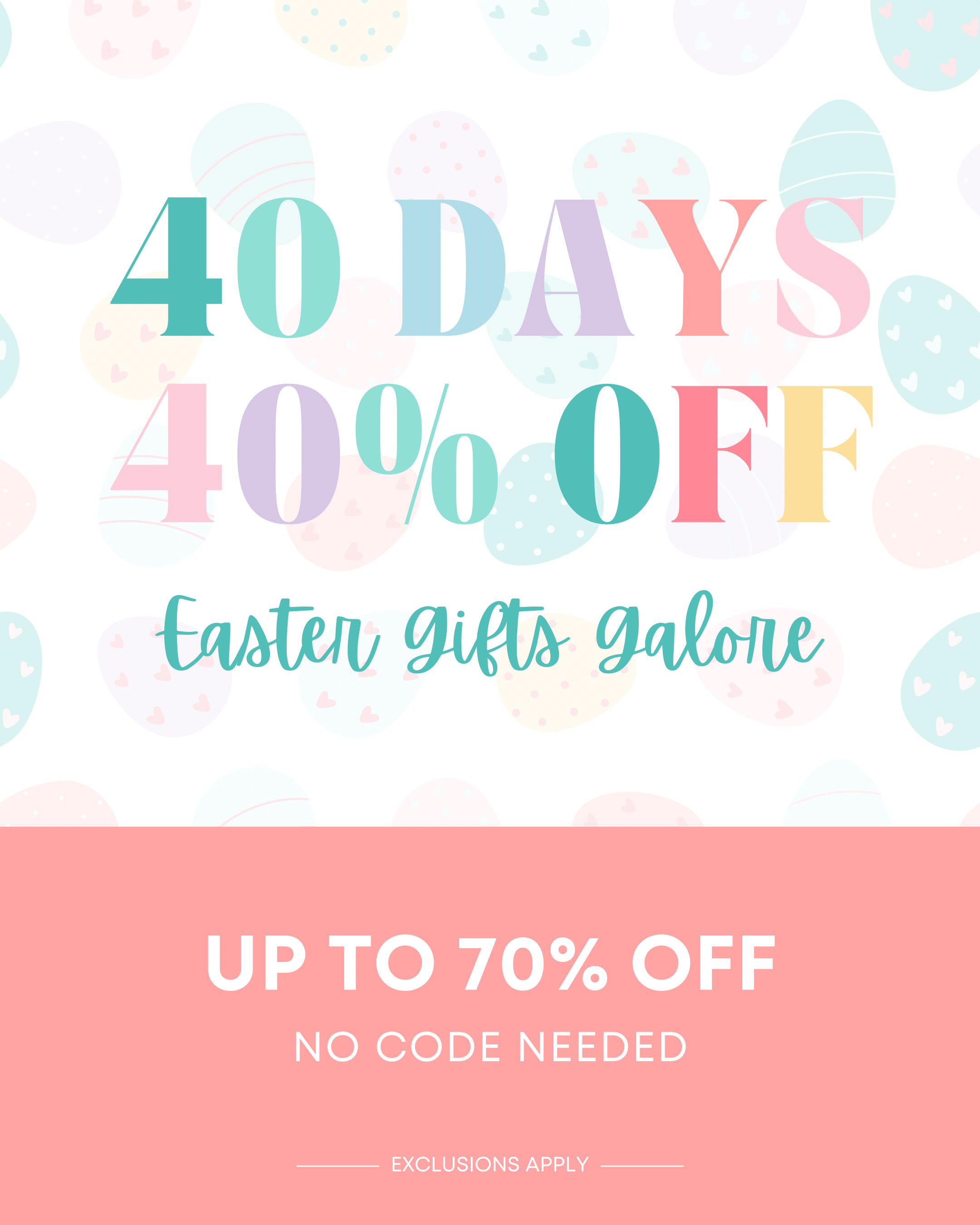 Promotional text for Easter gifts with colorful text and polka dots on a gradient background