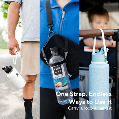 Collage of a water bottle with a strap being used by different people in various settings.