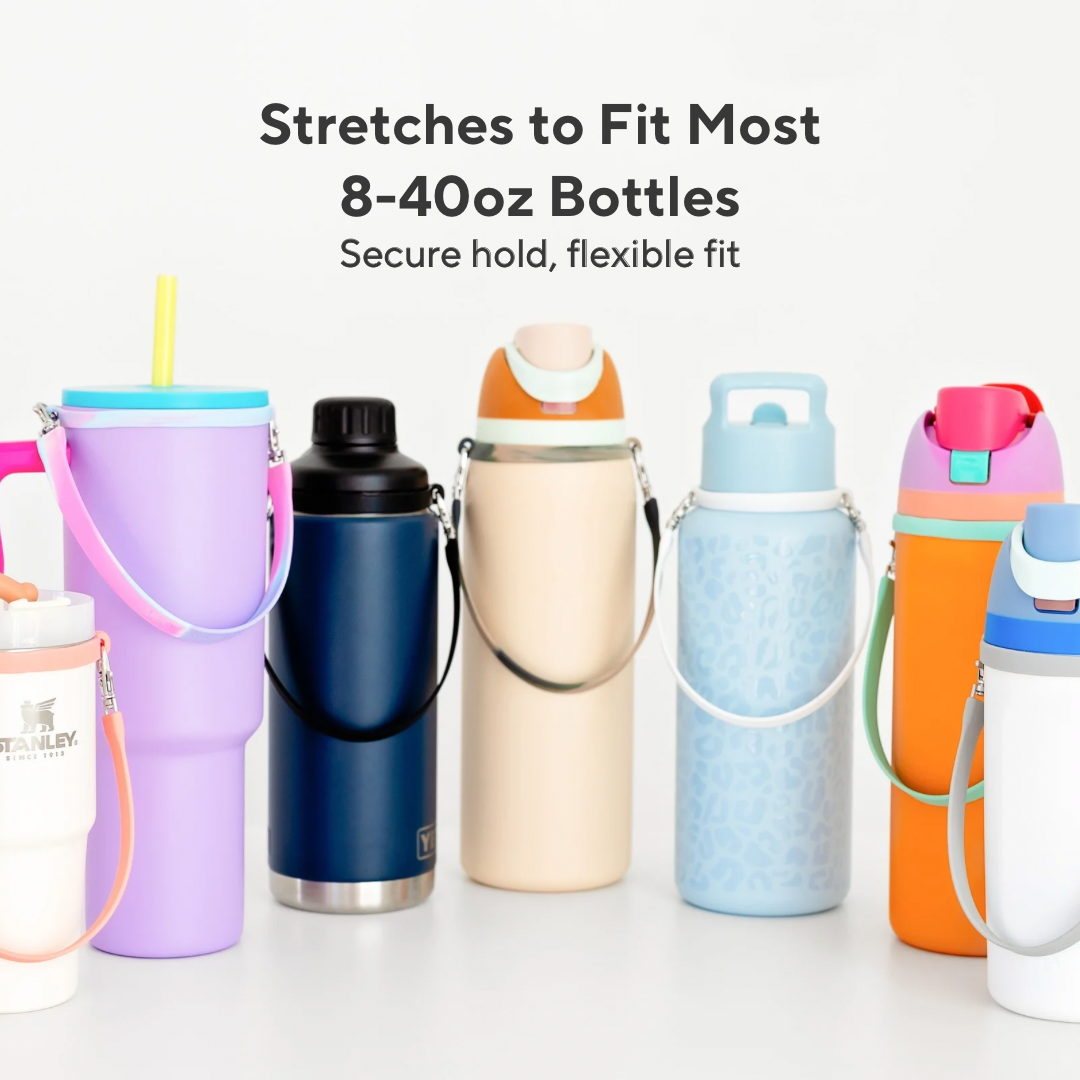 Collection of colorful water bottles with holders on a white background