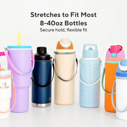 Collection of colorful water bottles with holders on a white background