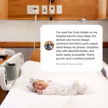 Newborn baby in a hospital bed with a text overlay about the Cutie Holder product.