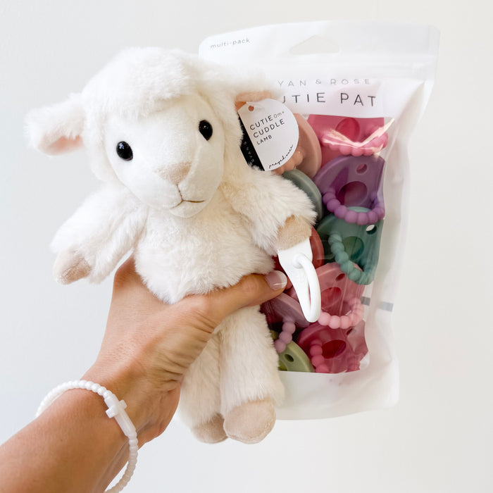 White plush toy lamb held by a hand with packaging of baby teethers in the background.