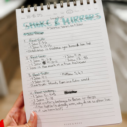 Notebook with handwritten notes on a sermon series titled &