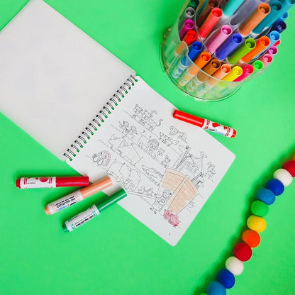 A spiral-bound coloring book with a black-and-white Noah&
