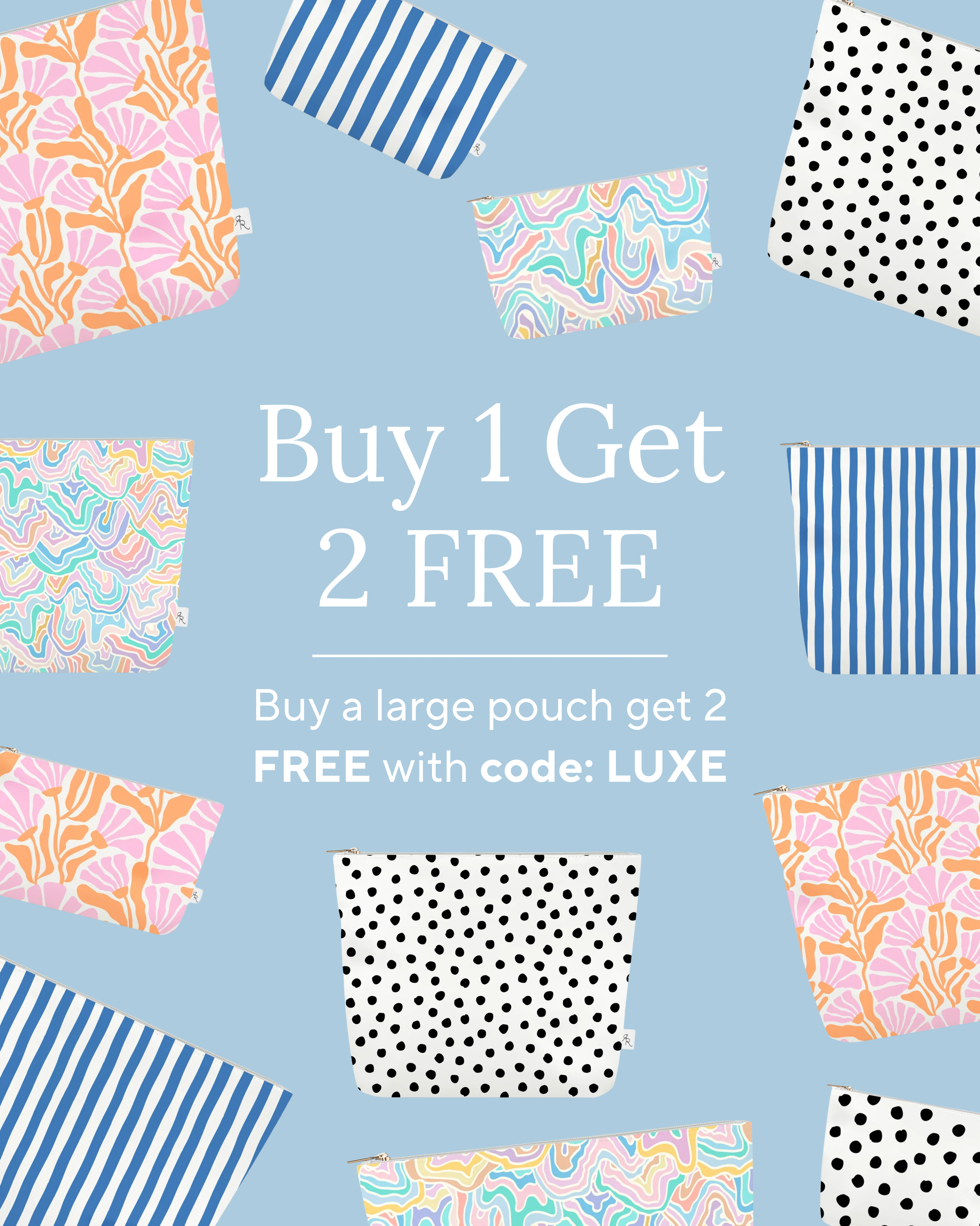 Promotional graphic with patterned pouches and text on a blue background