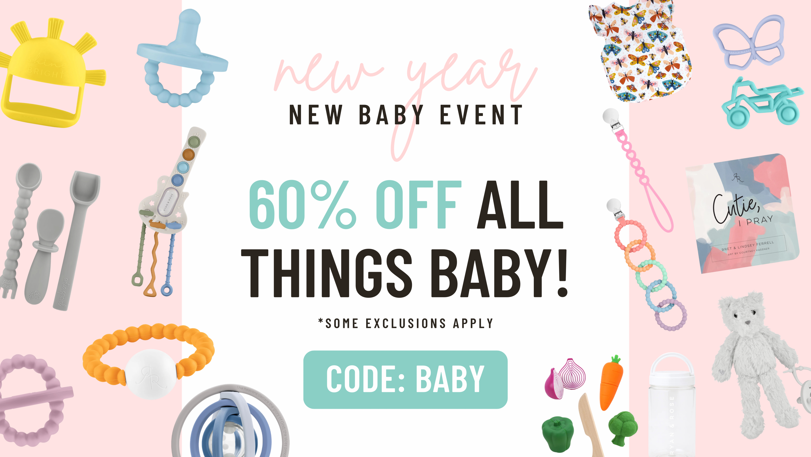 Promotional banner for a new baby event with toys and baby items on a pink background.
