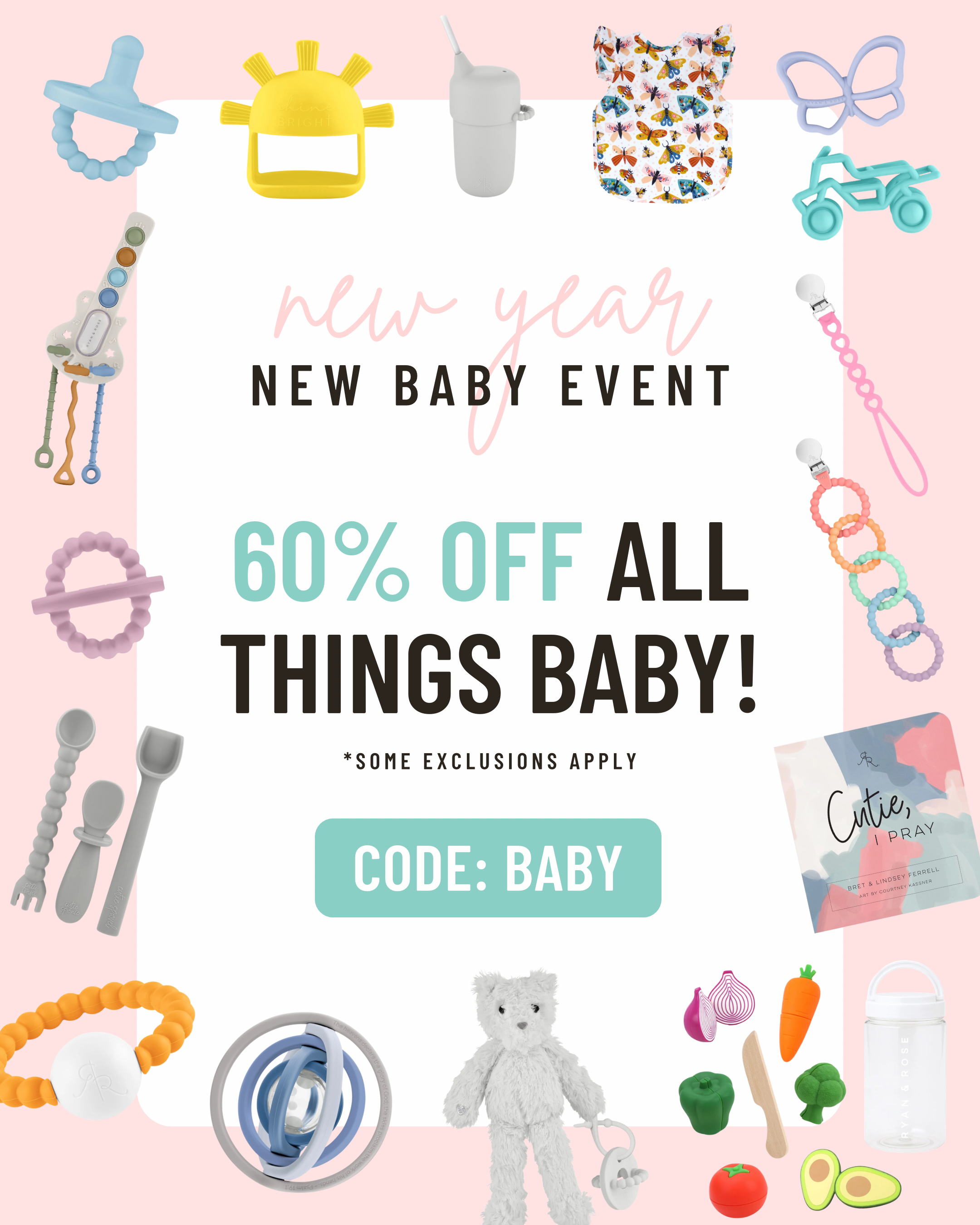 Promotional flyer for a new baby event with various baby items and a discount offer on a pink background.