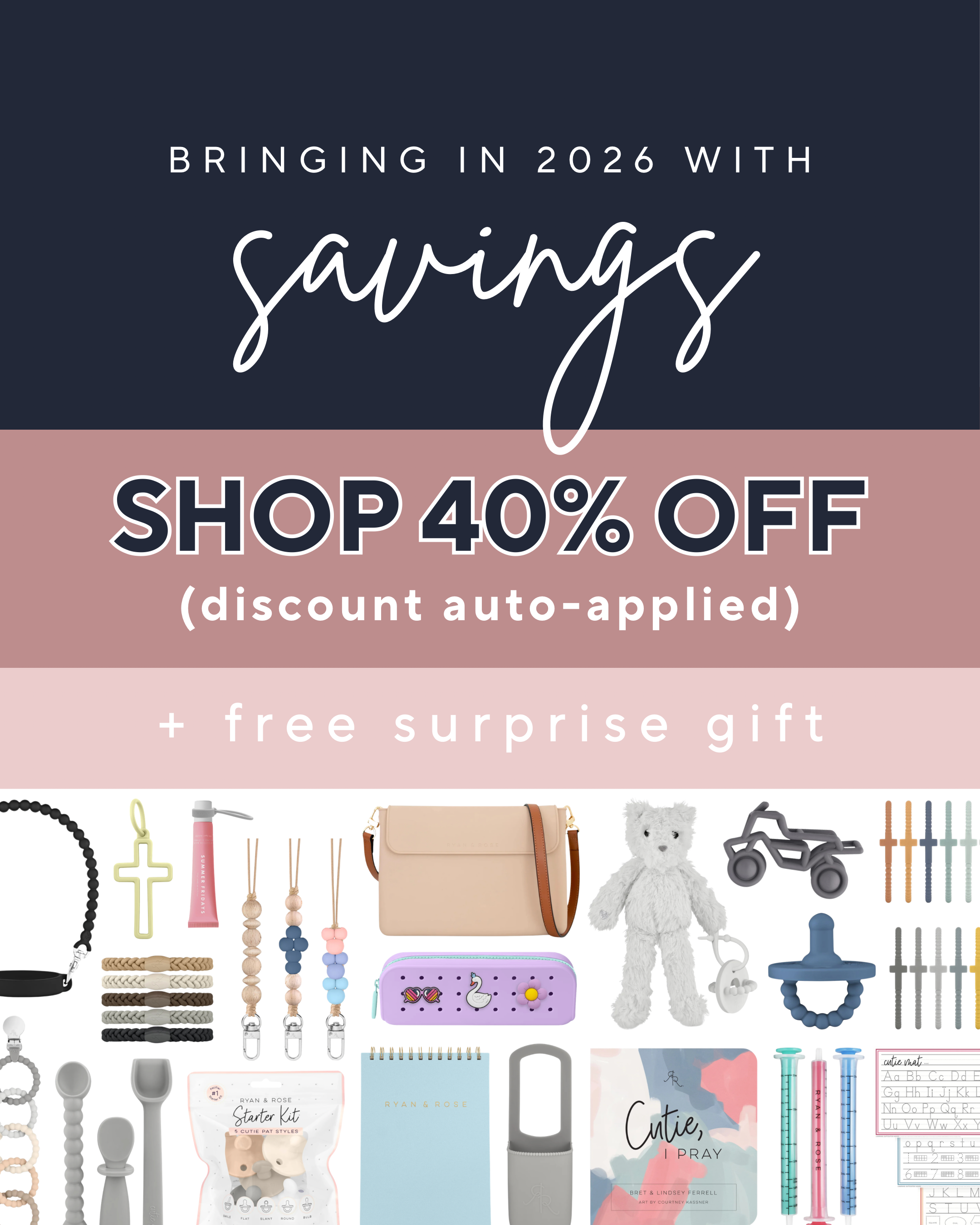 Promotional flyer with text 'Bringing in 2026 with savings' and product images on a dark blue and pink background.