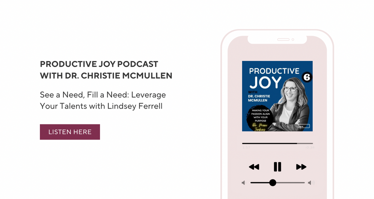 Promotional graphic for the Productive Joy Podcast with Dr. Christie McMullen, featuring a smartphone mockup displaying the podcast cover art and a 'LISTEN HERE' button on a light gray background.