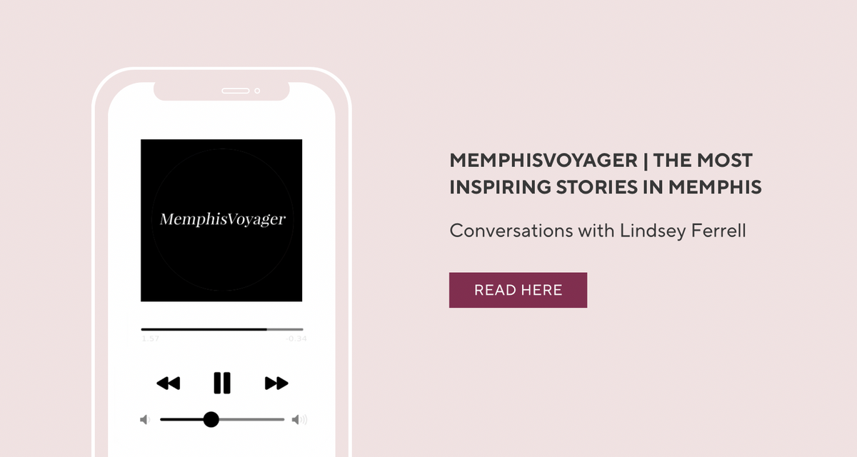 Promotional graphic for a digital audiobook or podcast titled 'Memphis Voyager | The Most Inspiring Stories in Memphis' by Lindsey Ferrell. The left side shows a white smartphone mockup with a black album cover displaying the 'Memphis Voyager' logo and playback controls.