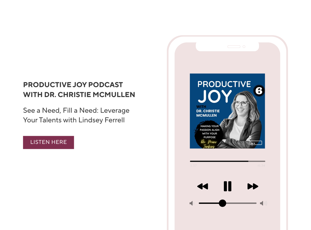Promotional graphic for the Productive Joy Podcast with Dr. Christie McMullen, showing a smartphone mockup with the podcast cover art on screen and text on the left reading 'Productive Joy Podcast with Dr.