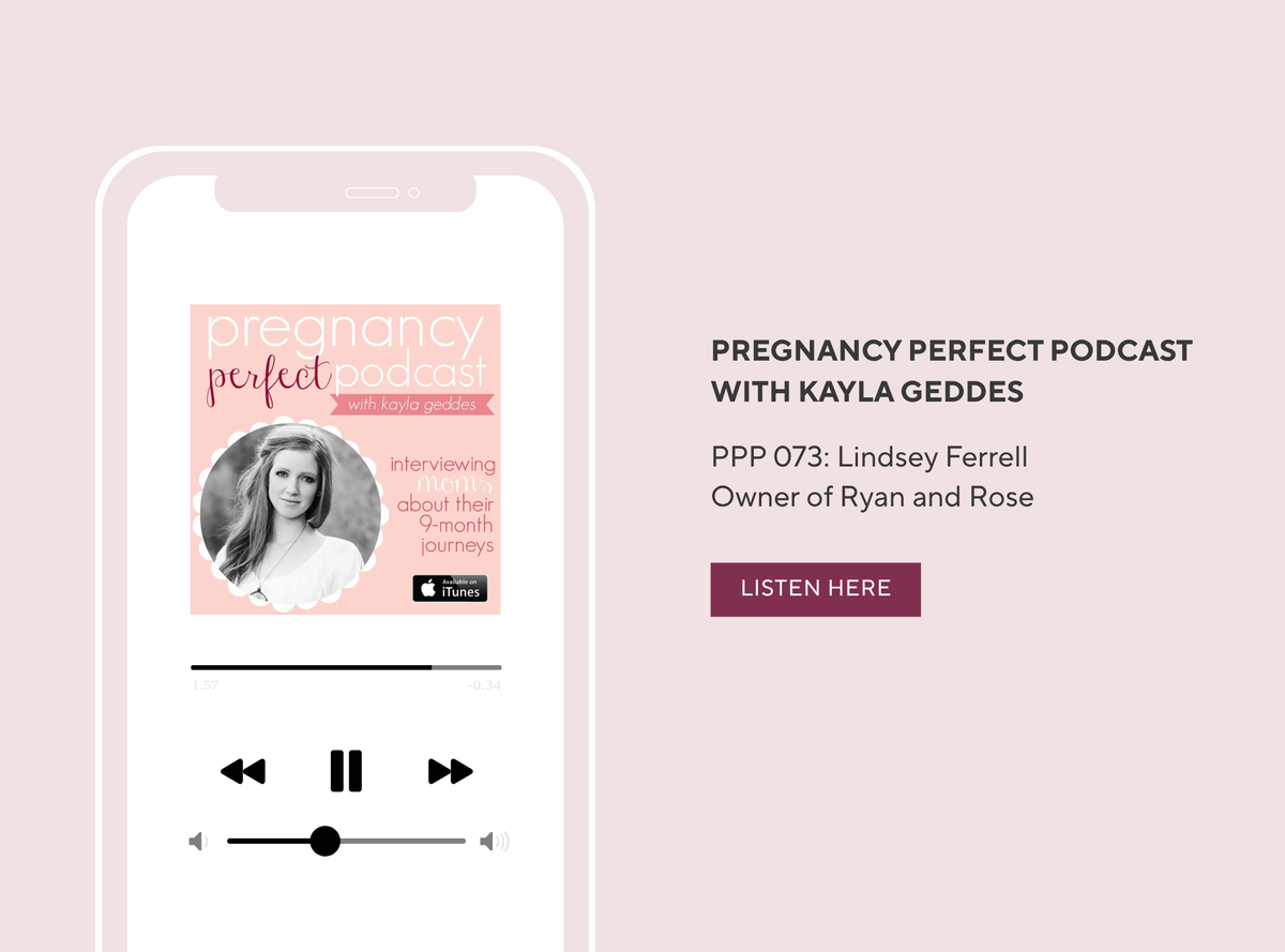 Promotional graphic for the Pregnancy Perfect Podcast with Kayla Geddes, showing a smartphone mockup with the podcast cover art and playback controls on a pale pink background, alongside text identifying episode PPP 073 and a listen button.