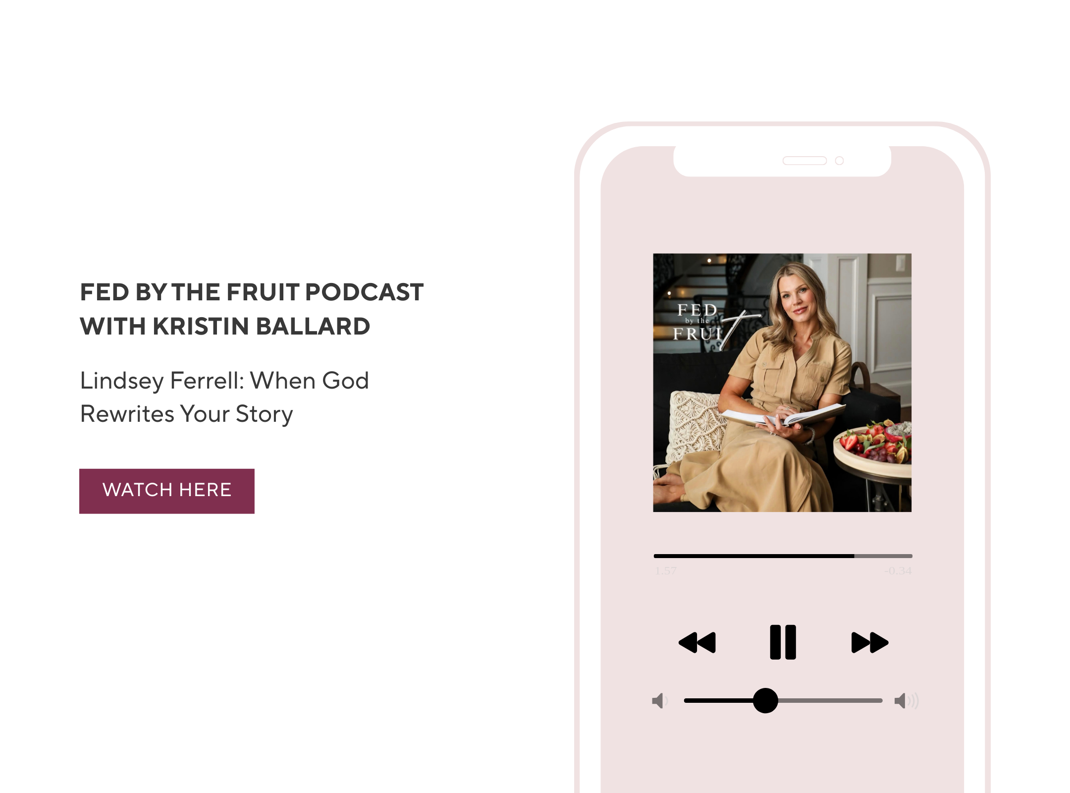 Phone screen displaying a podcast episode with a woman and text about the podcast.