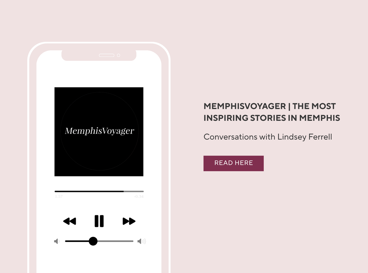 Promotional graphic for the Memphis Voyager podcast, featuring a smartphone mockup on the left displaying the black album cover with the white 'Memphis Voyager' logo, and text on the right reading 'Memphis Voyager | The Most Inspiring Stories in Memphis' with a 'Read Here' button, all on a pale pink background.