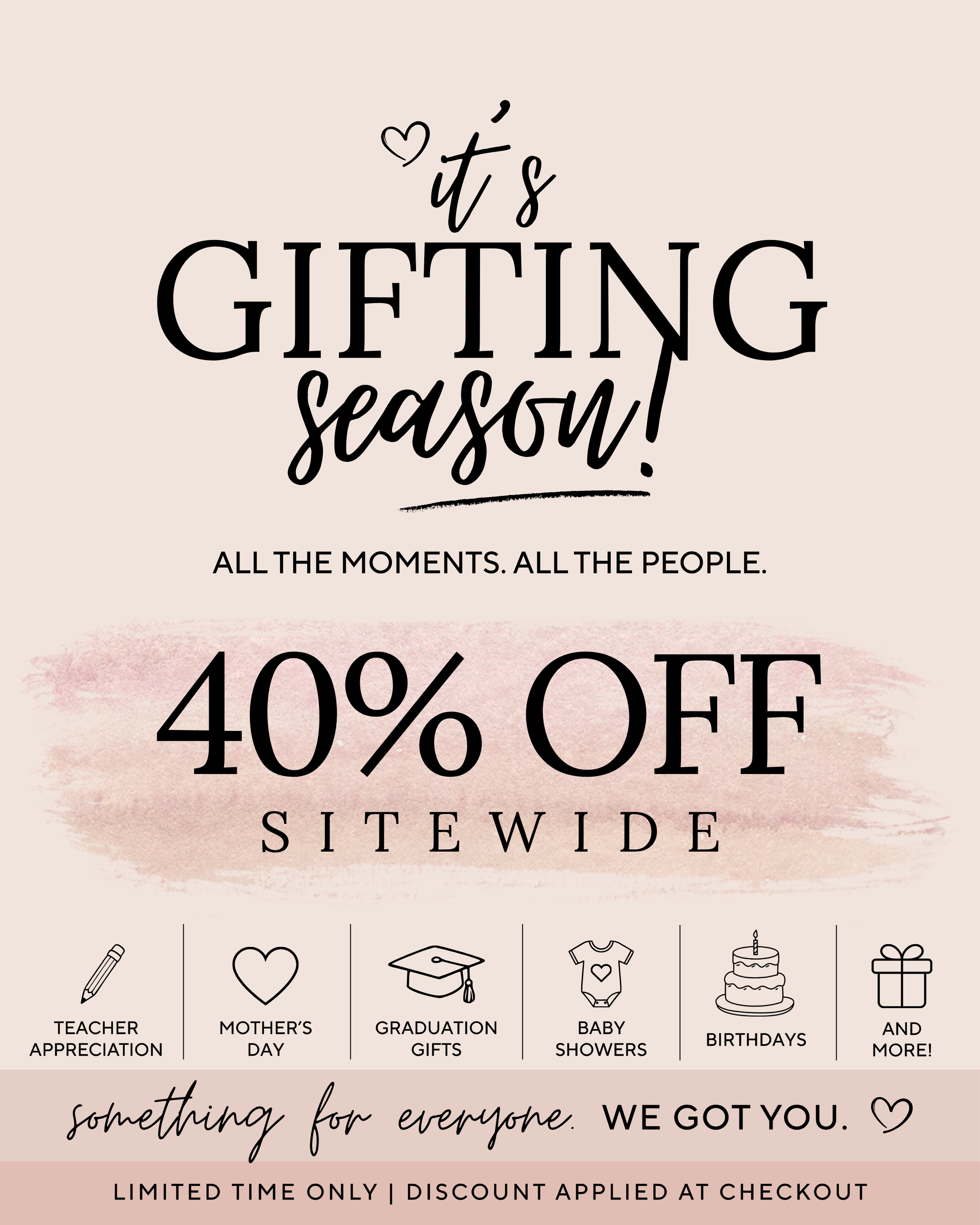 Promotional text for a 40% off sitewide sale during 'gifting season' with various gift categories listed.