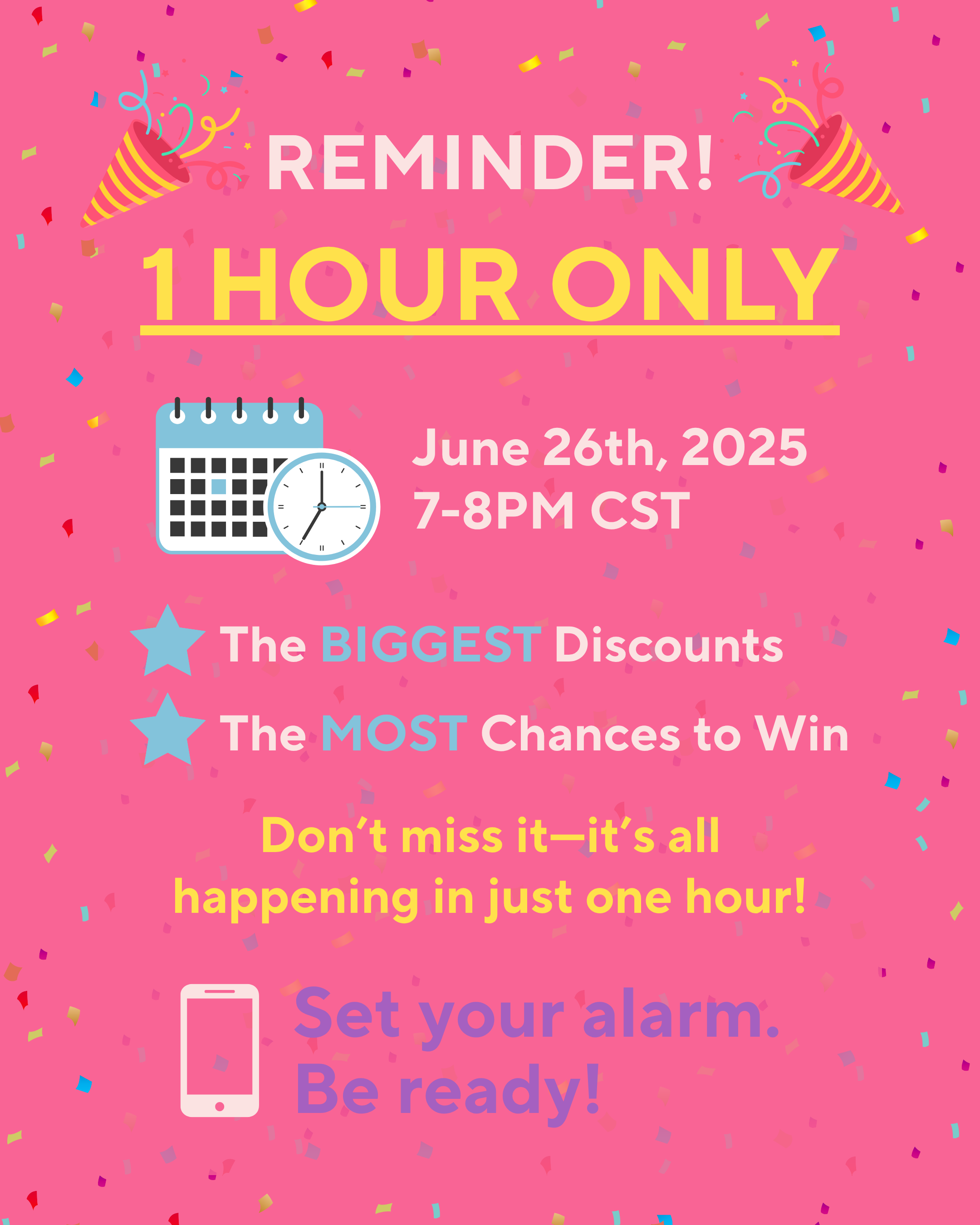 Promotional flyer with event details on a pink background