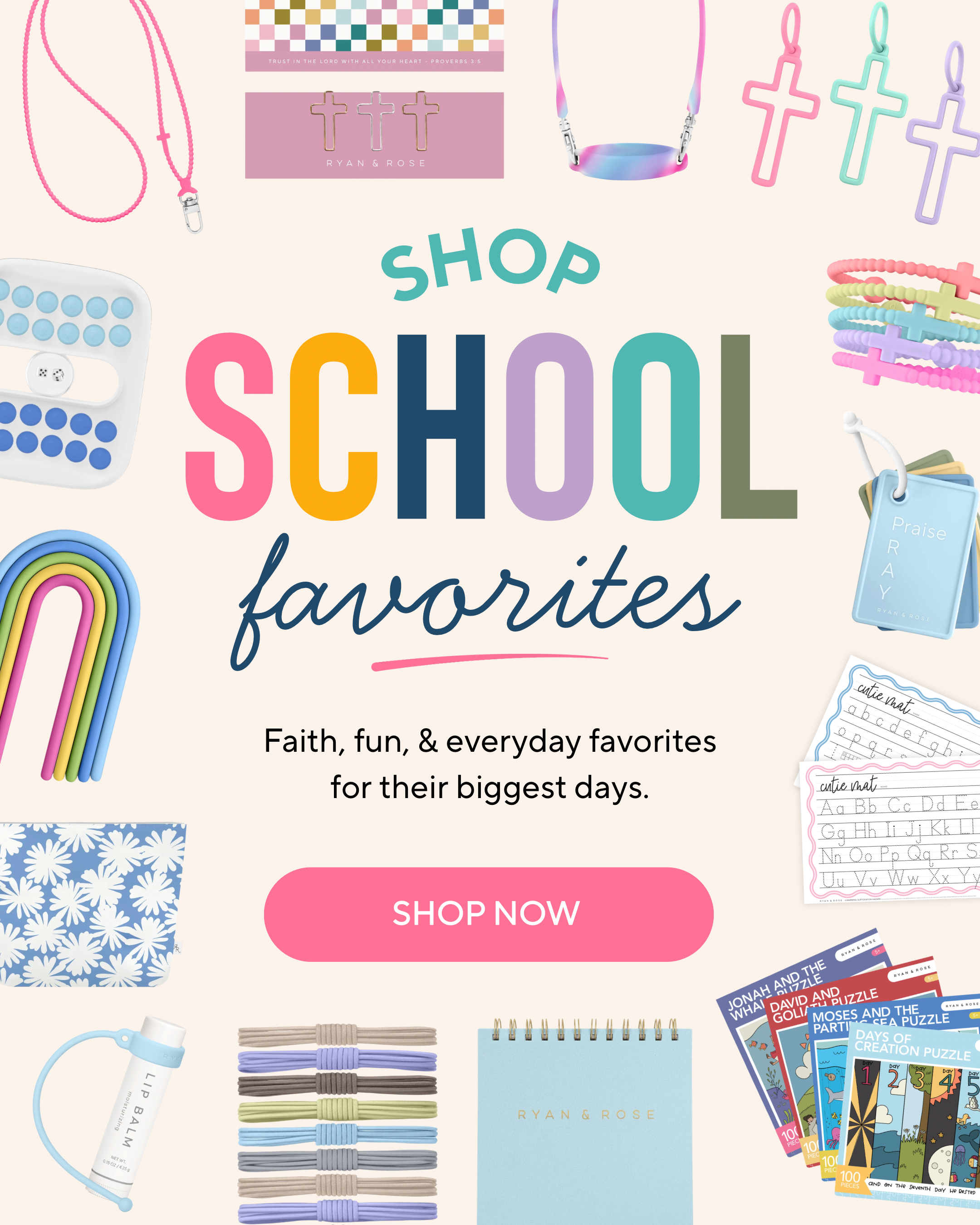 A promotional collage for school favorites on a light cream background, with large colorful text reading 'SHOP SCHOOL favorites' and a pink 'SHOP NOW' button. Surrounding the text are various pastel school-themed items including necklaces, bracelets, a notebook, a tube, a small basket, and printed materials.