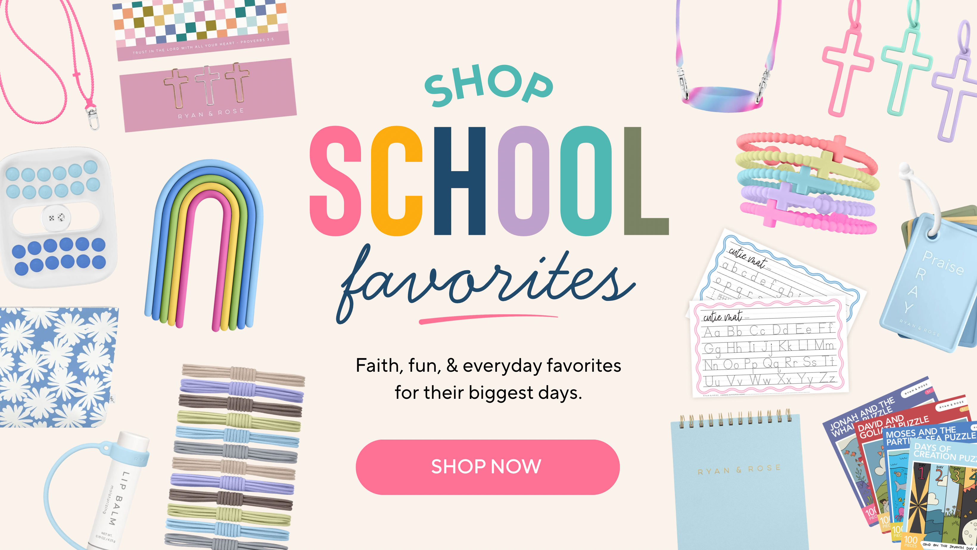 A promotional collage for school favorites on a light cream background, with colorful text reading 'SHOP SCHOOL favorites' and a pink 'SHOP NOW' button. Surrounding the text are assorted school-themed items including bracelets, notebooks, a small keyboard, a rainbow-shaped item, a water bottle, magazines, and other accessories.