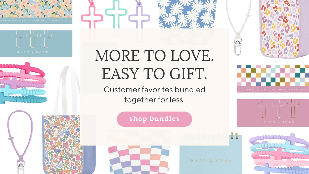 A promotional collage for Ryan & Rose customer favorites bundles, featuring various pastel-colored accessories including floral patterned bags, cross-shaped charms, bracelets, and a necklace, arranged around central text that reads 'MORE TO LOVE. EASY TO GIFT.