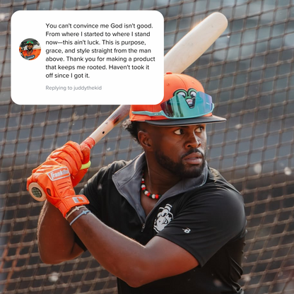Person holding a baseball bat with a text overlay on a blurred background
