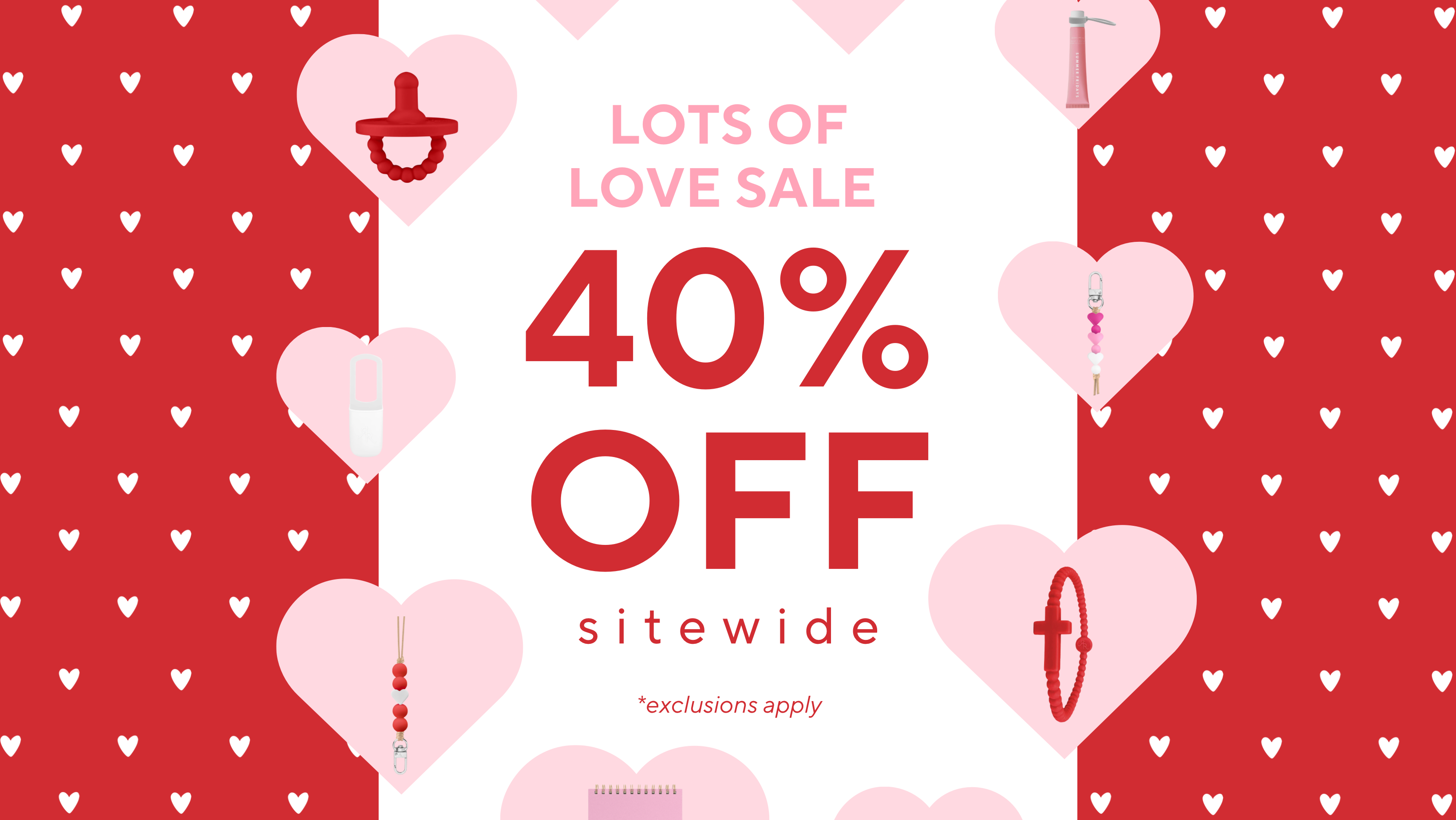 Promotional banner with 40% off text and heart patterns on a red background