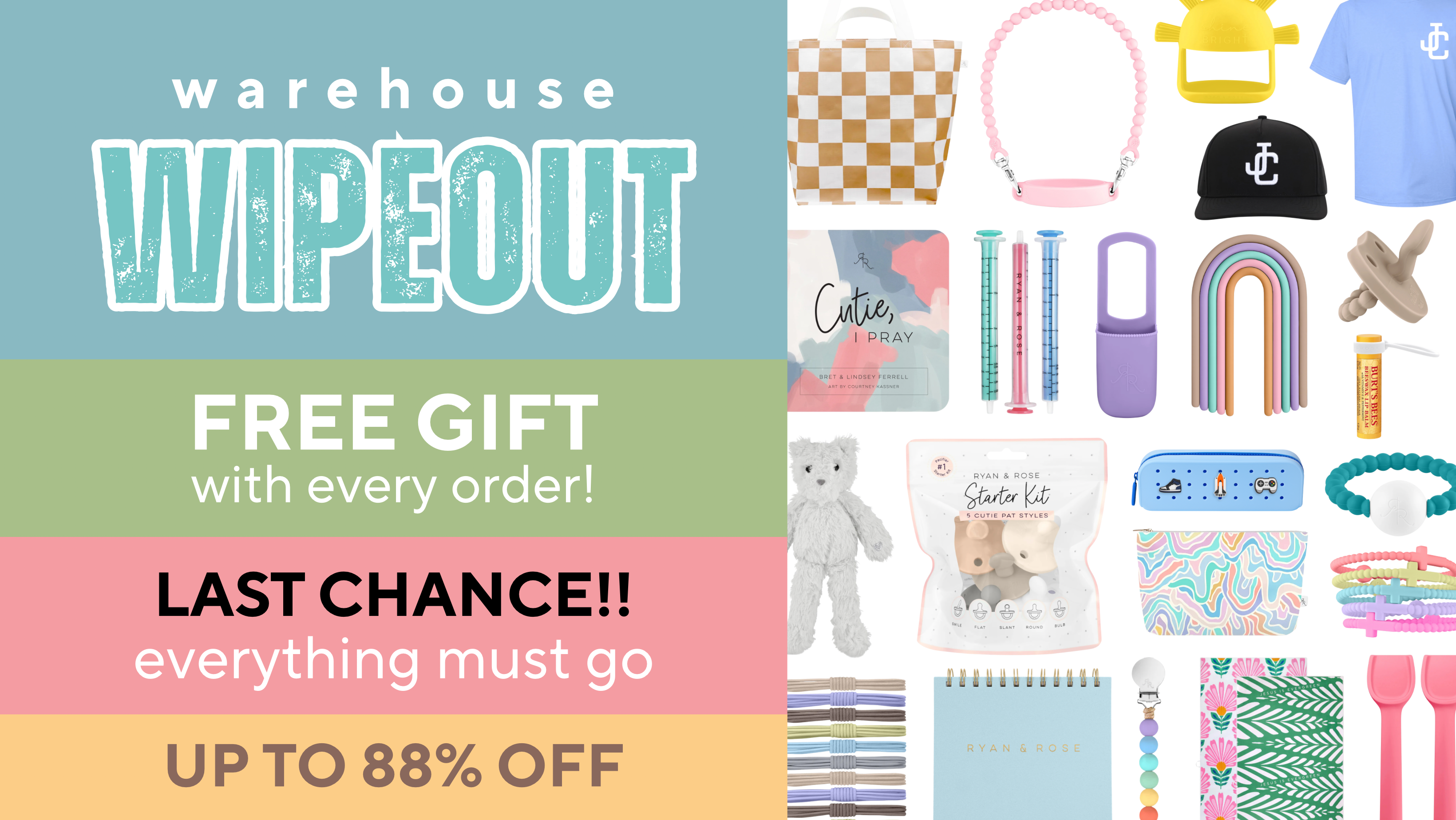 Promotional banner for 'Warehouse Wipeout' sale with various products and text.