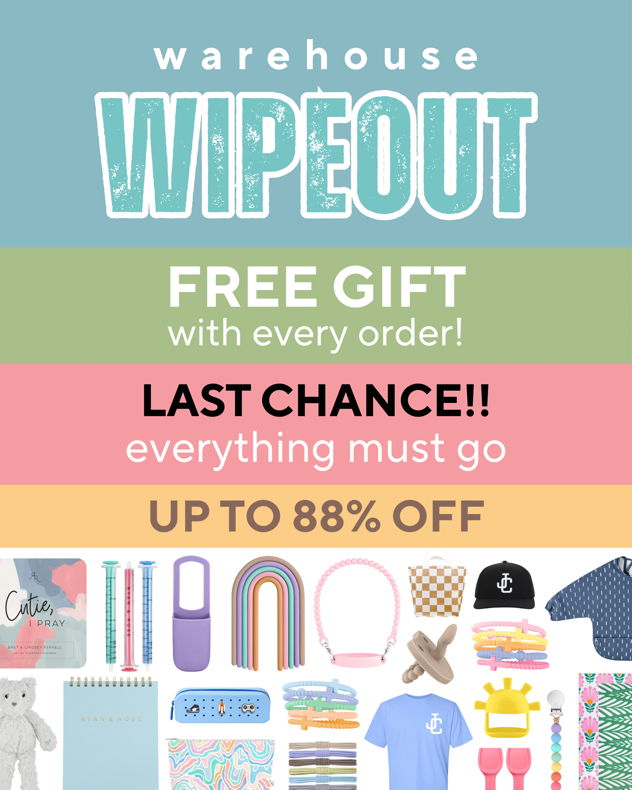 Promotional flyer for 'Warehouse Wipeout' sale with text and product images.